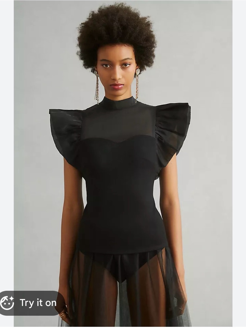 Anthropologie Eri + Ali Flutter Sleeve Sheer Panel Top Blouse Black High Neck